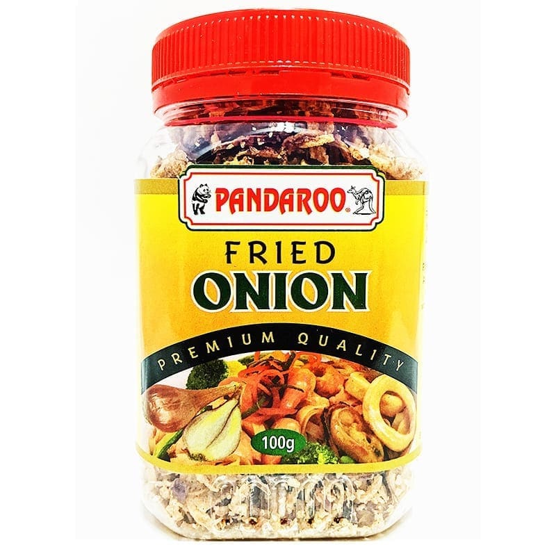 Pandaroo fried onion jar with red lid and yellow label, premium quality, 100 grams.