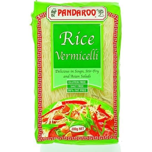 Pandaroo rice vermicelli package, 200g, gluten-free, green with red accents.