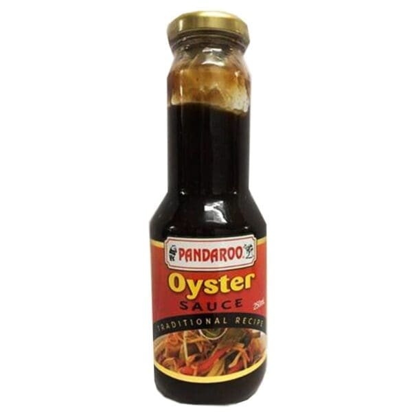 Pandaroo Oyster Sauce bottle with a gold cap and red label, 250ml, Traditional Recipe.