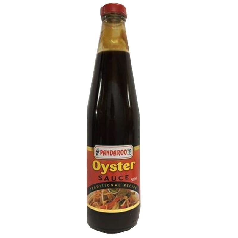 Pandaroo oyster sauce bottle with red label, red cap, and dish image on the bottom.