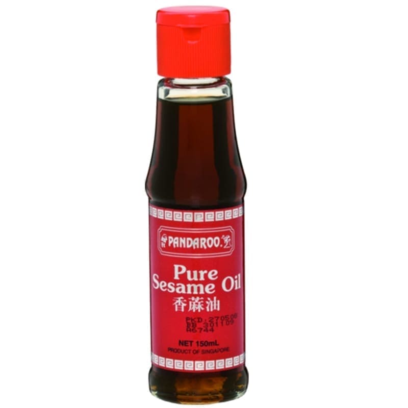 Bottle of Pandaroo Pure Sesame Oil, red label and cap, 150ml, product of Singapore.