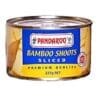 Can of Pandaroo sliced bamboo shoots, 227g, labeled premium quality, blue and yellow design.