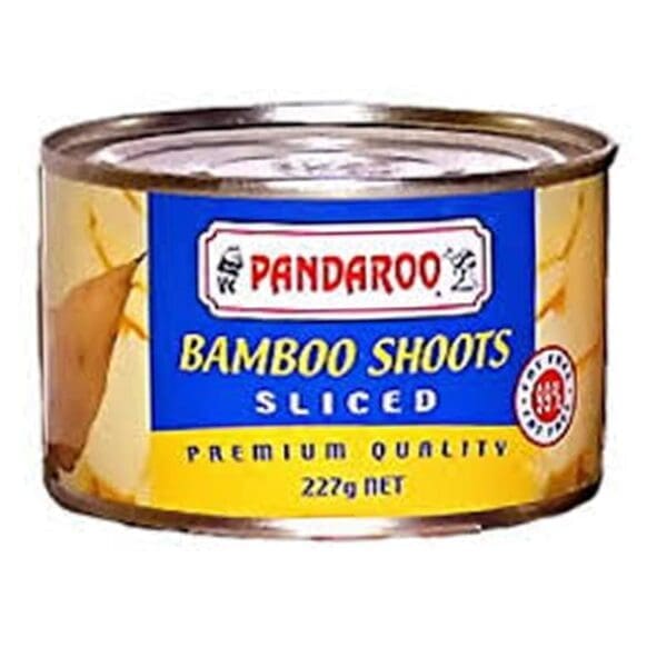 Can of Pandaroo sliced bamboo shoots, 227g, labeled premium quality, blue and yellow design.