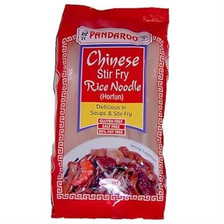 Pandaroo Chinese Stir Fry Rice Noodles package, gluten-free, salt-free, 99% fat-free, red design.