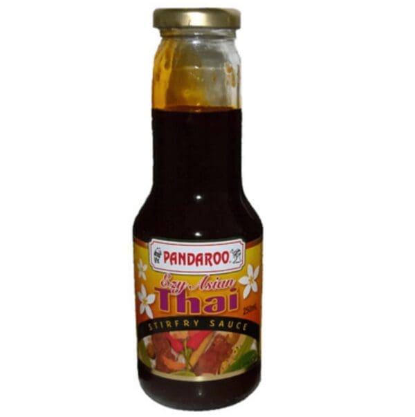 Pandaroo Thai stir fry sauce bottle, dark liquid, gold cap, floral label, 250ml.