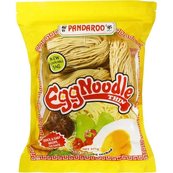Pandaroo 375g thin egg noodles package with resealable bag feature, yellow with food images.