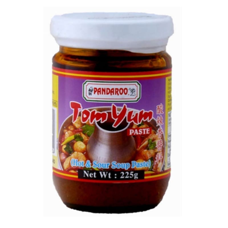 Pandaroo Tom Yum paste jar with purple label for hot and sour soup, net weight 225g.