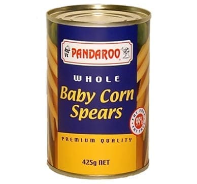 Can of Pandaroo Whole Baby Corn Spears, blue and yellow label, 425g net weight.