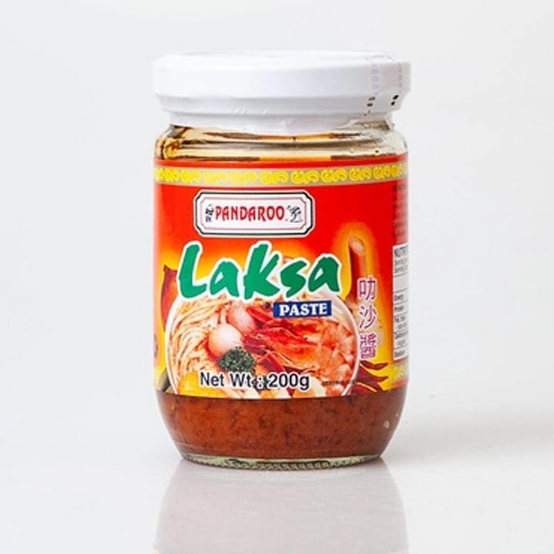 Glass jar of Pandaroo Laksa Paste, labeled with soup image, 200g net weight.