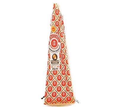 Wedge of packaged Parmesan Reggiano cheese, 250g, with red and gold patterned wrapper.
