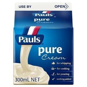 Pauls Pure Cream 300mL carton, blue with white/red, for whipping, cooking, pouring, no additives.