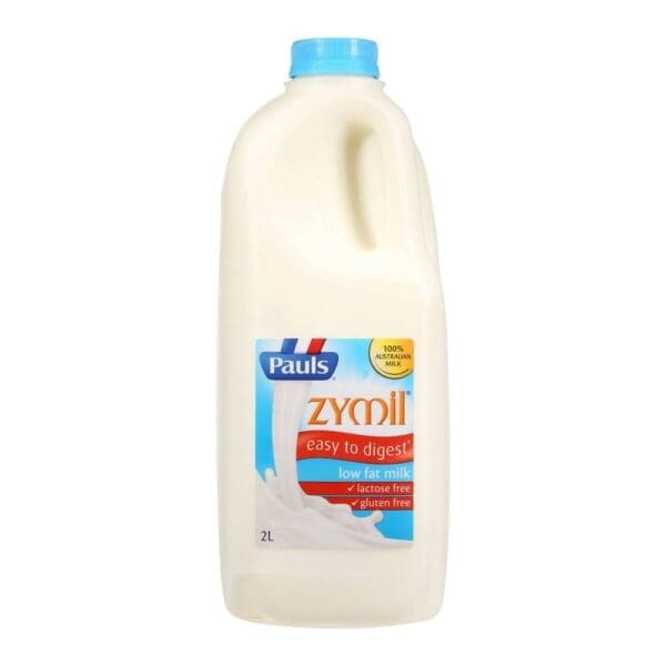 2-liter Pauls Zymil low-fat milk bottle, lactose-free, gluten-free, 100% Australian milk.
