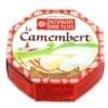 Paysan Breton Camembert cheese box with red and white checkered sides and rural landscape illustration.