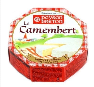 Paysan Breton Camembert cheese box with red and white checkered sides and rural landscape illustration.