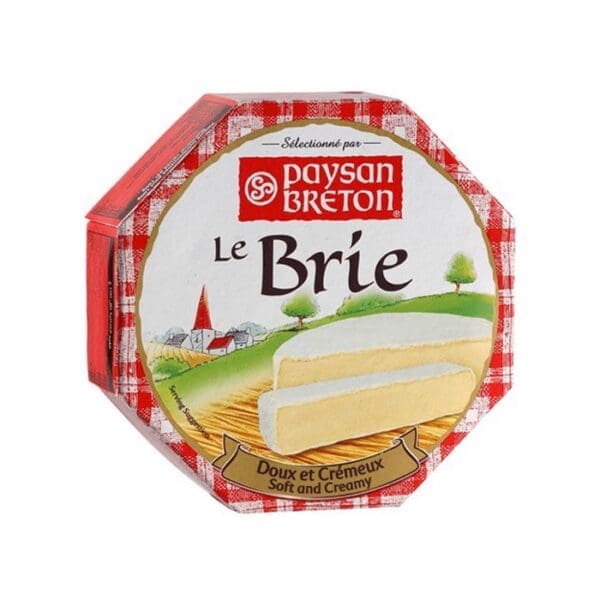 Packaging of Paysan Breton's octagonal Le Brie cheese with a red checkered design.