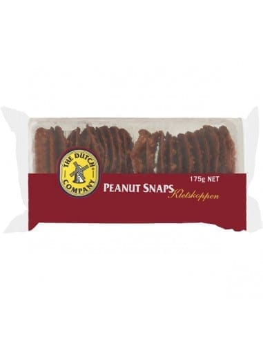 Package of Peanut Snaps by The Dutch Company, 175g, red and white design with logo.