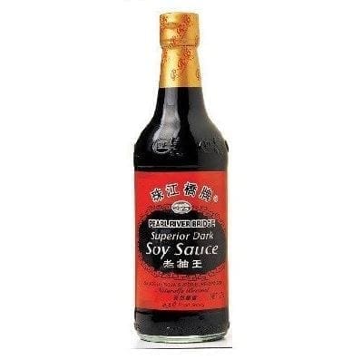 Pearl River Bridge Superior Dark Soy Sauce with red label and gold cap.
