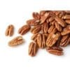 Pecan nuts scattered on white background, showing brown shells with grooves and glossy finish.
