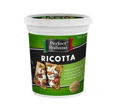 Perfect Italiano ricotta tub, green and white, 500g, with protein content and usage ideas shown.