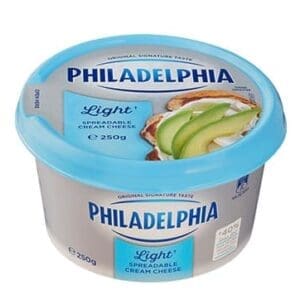Philadelphia Light Cream Cheese 250g container, blue lid, avocado and bread image on label.