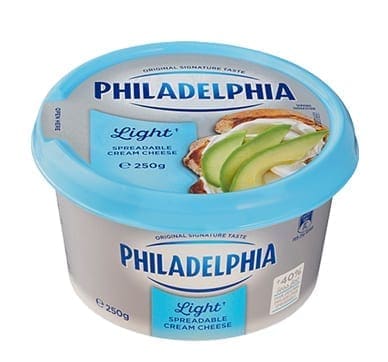 Philadelphia Light Cream Cheese 250g container, blue lid, avocado and bread image on label.