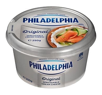 Philadelphia cream cheese container with salmon bagel image, 250 grams.
