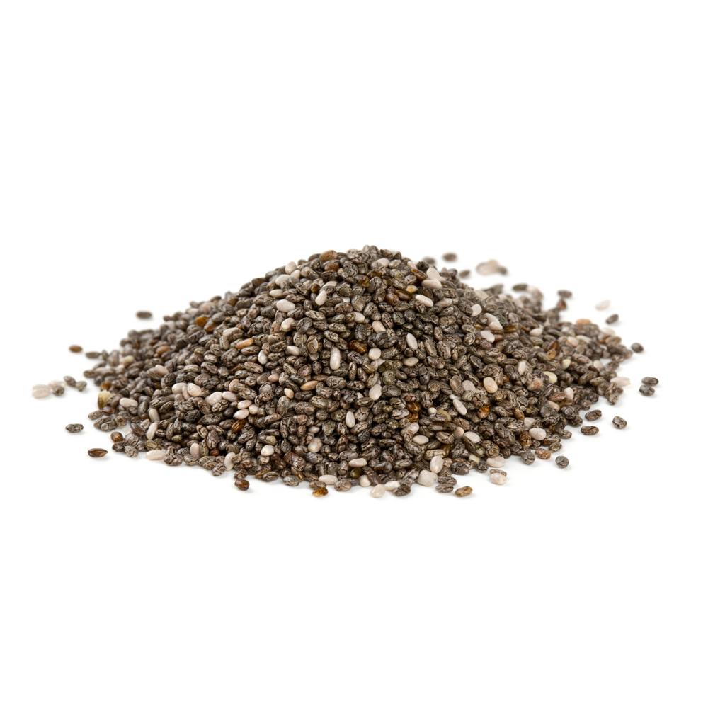Pile of mixed black, gray, and white chia seeds on white background.