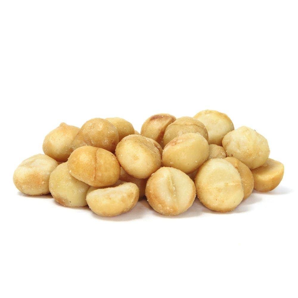 Pile of round, shelled, light brown nuts on a white background.