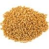 Pile of small, round, yellow-brown mustard seeds on a white background.