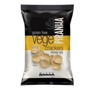 Piranha honey soy gluten-free vege crackers, black packaging with yellow band, 100g.