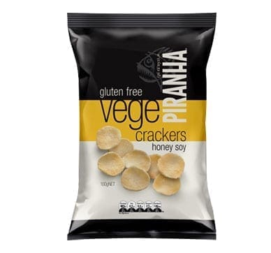Piranha honey soy gluten-free vege crackers, black packaging with yellow band, 100g.