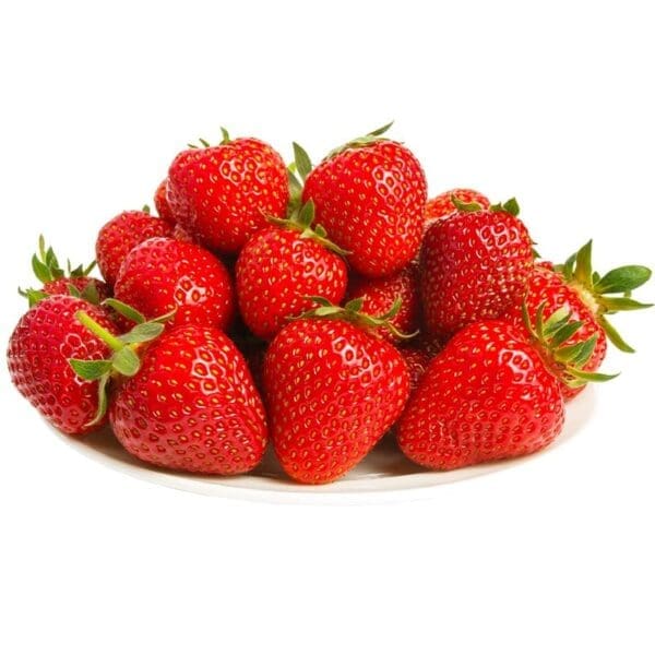 Plate of fresh red strawberries with green stems.