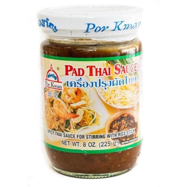 Jar of Por Kwan Pad Thai sauce with images of dishes, net weight 8 oz (225 g).