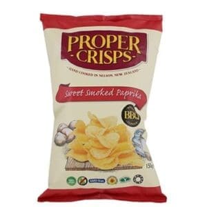 Proper Crisps bag, sweet smoked paprika, BBQ flavor, gluten and GMO-free, 150g, New Zealand.