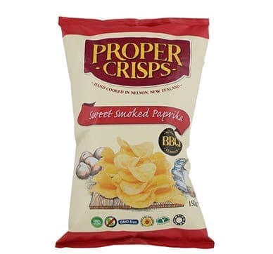Proper Crisps bag, sweet smoked paprika, BBQ flavor, gluten and GMO-free, 150g, New Zealand.