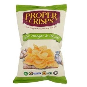 Bag of Proper Crisps, cider vinegar and sea salt flavor, green and white packaging.