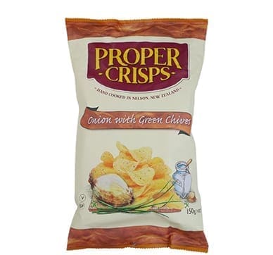 Bag of Proper Crisps, Onion with Green Chives flavor, 150g, from Nelson, New Zealand.