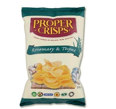 Proper Crisps bag, Rosemary & Thyme flavor, 150g, hand-cooked, gluten-free, GMO-free.