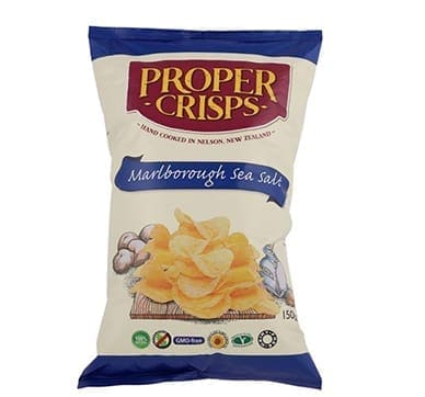 Proper Crisps Marlborough Sea Salt, 150g non-GMO, gluten-free, vegan, hand-cooked in NZ.