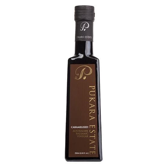 Bottle of Pukara Estate caramelised balsamic vinegar, 250ml, dark design, brown label.