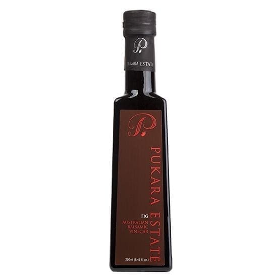 Rectangular black bottle labeled "Pukara Estate" containing fig balsamic vinegar, 250ml.