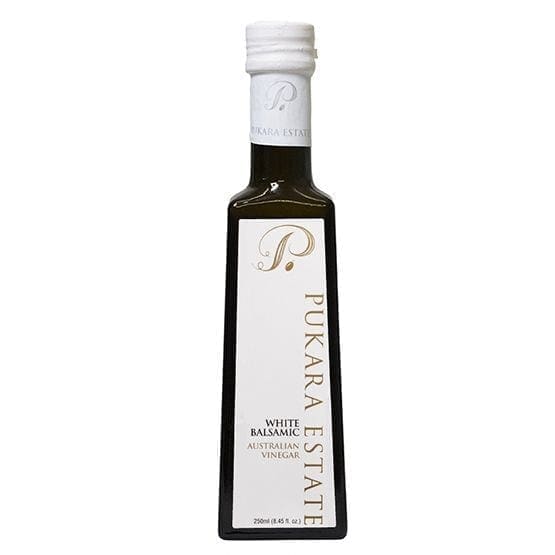 Pukara Estate white balsamic vinegar bottle, 250ml, Australian, white cap, rectangular.