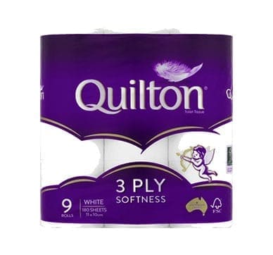 Quilton 3-ply toilet tissue, 9 rolls, 180 sheets, soft, purple package, Australian made, FSC certified.
