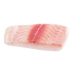Raw fish fillet with light pink hue, visible marbling, and central darker line.
