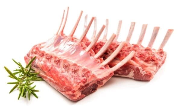 Two racks of raw lamb ribs with fresh rosemary sprigs on a white surface.