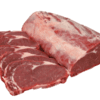 Large raw beef cut with marbling, sliced on end, displaying rich red color.
