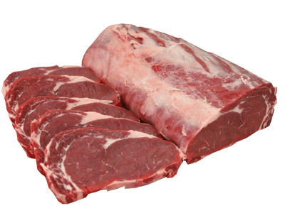 Large raw beef cut with marbling, sliced on end, displaying rich red color.