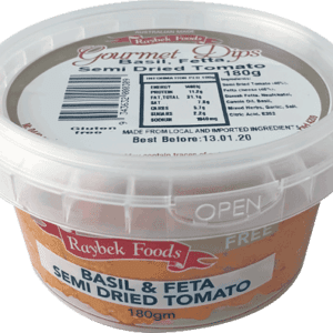 Raybek Foods plastic tub of basil, feta, semi-dried tomato dip, 180g, gluten-free, expires 2020.