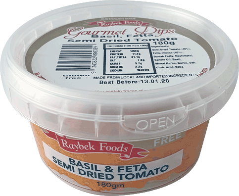 Raybek Foods plastic tub of basil, feta, semi-dried tomato dip, 180g, gluten-free, expires 2020.