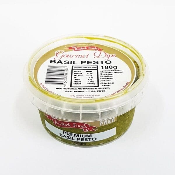 180g container of Raybek Foods Basil Pesto, gluten-free, Australian made, store below 4°C.